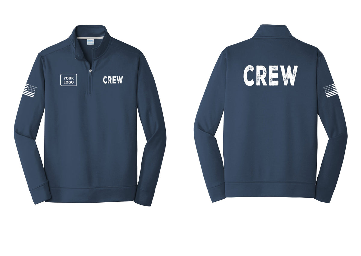 NYC Factory Custom Work Crew Uniform Performance Fleece 1/4-Zip Pullover Sweatshirt with Your Logo (Rustic) - CREW + Your Logo + Back + US Flag Sleeve - Navy