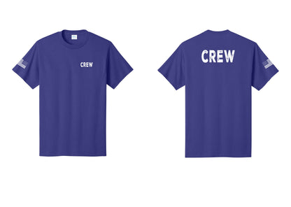 NYC Factory Crew T-Shirt, Rustic Lettering - Chest + Back + US Flag Sleeve - Purple
