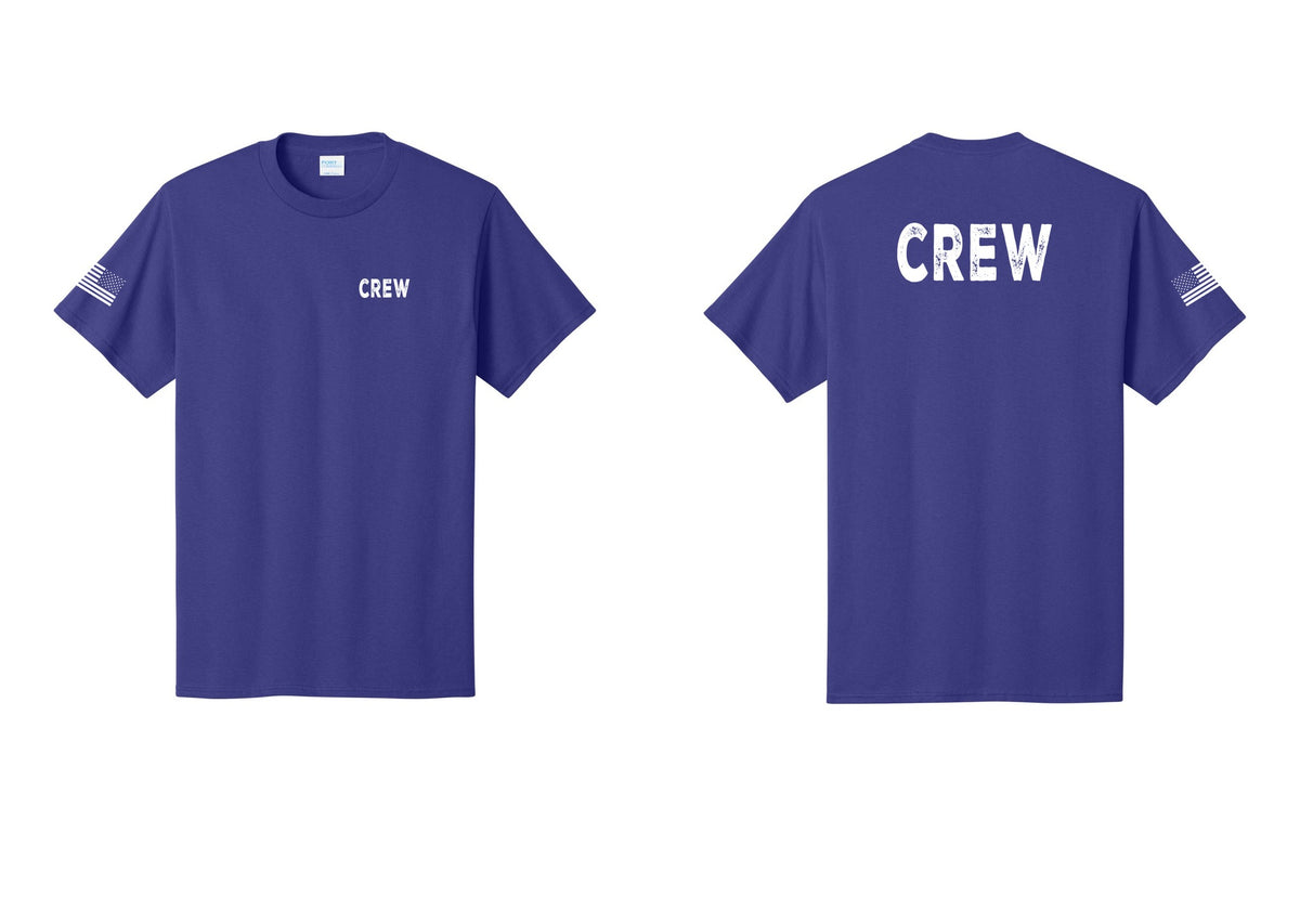 NYC Factory Crew T-Shirt for Event Staff & Production Teams (Rustic) - Chest + Back + US Flag Sleeve - Purple