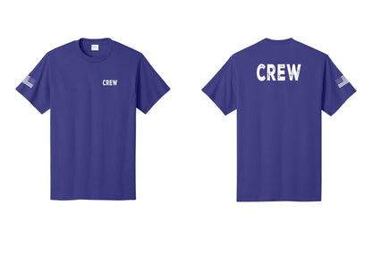 NYC Factory Crew T-Shirt for Event Staff & Production Teams (Rustic) - Chest + Back + US Flag Sleeve - Purple