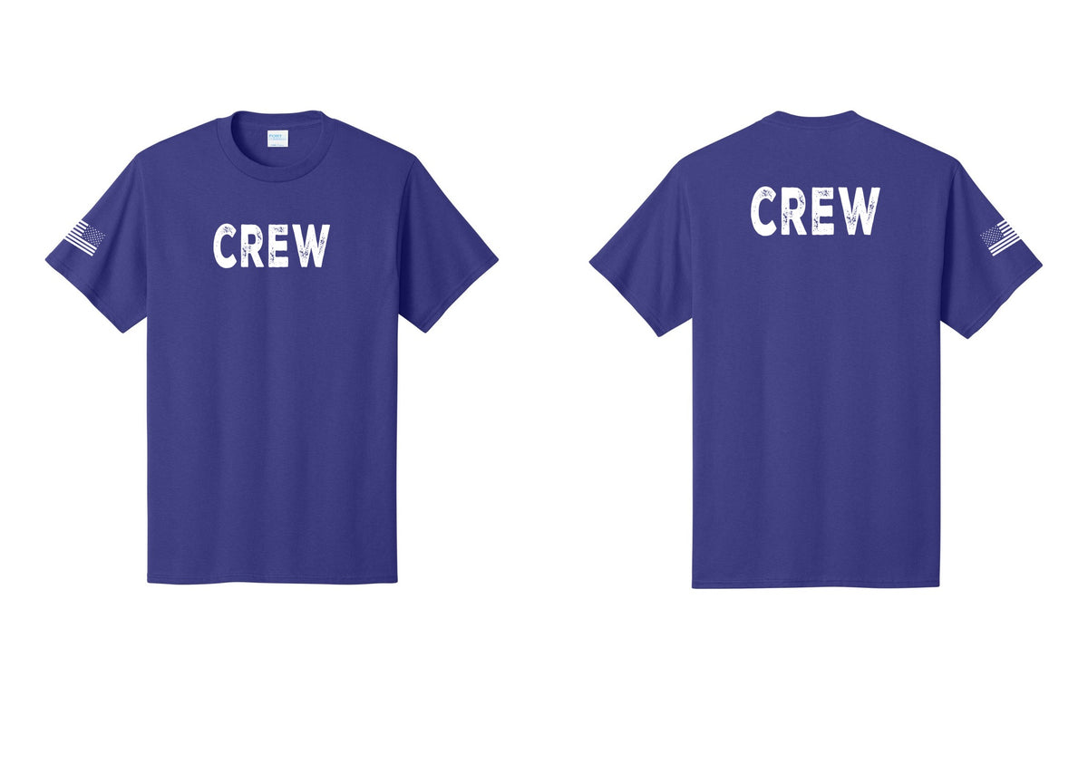 NYC Factory Crew T-Shirt for Event Staff & Production Teams (Rustic) - Front + Back + US Flag Sleeve - Purple