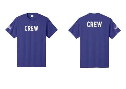 NYC Factory Crew T-Shirt for Event Staff & Production Teams (Rustic) - Front + Back + US Flag Sleeve - Purple