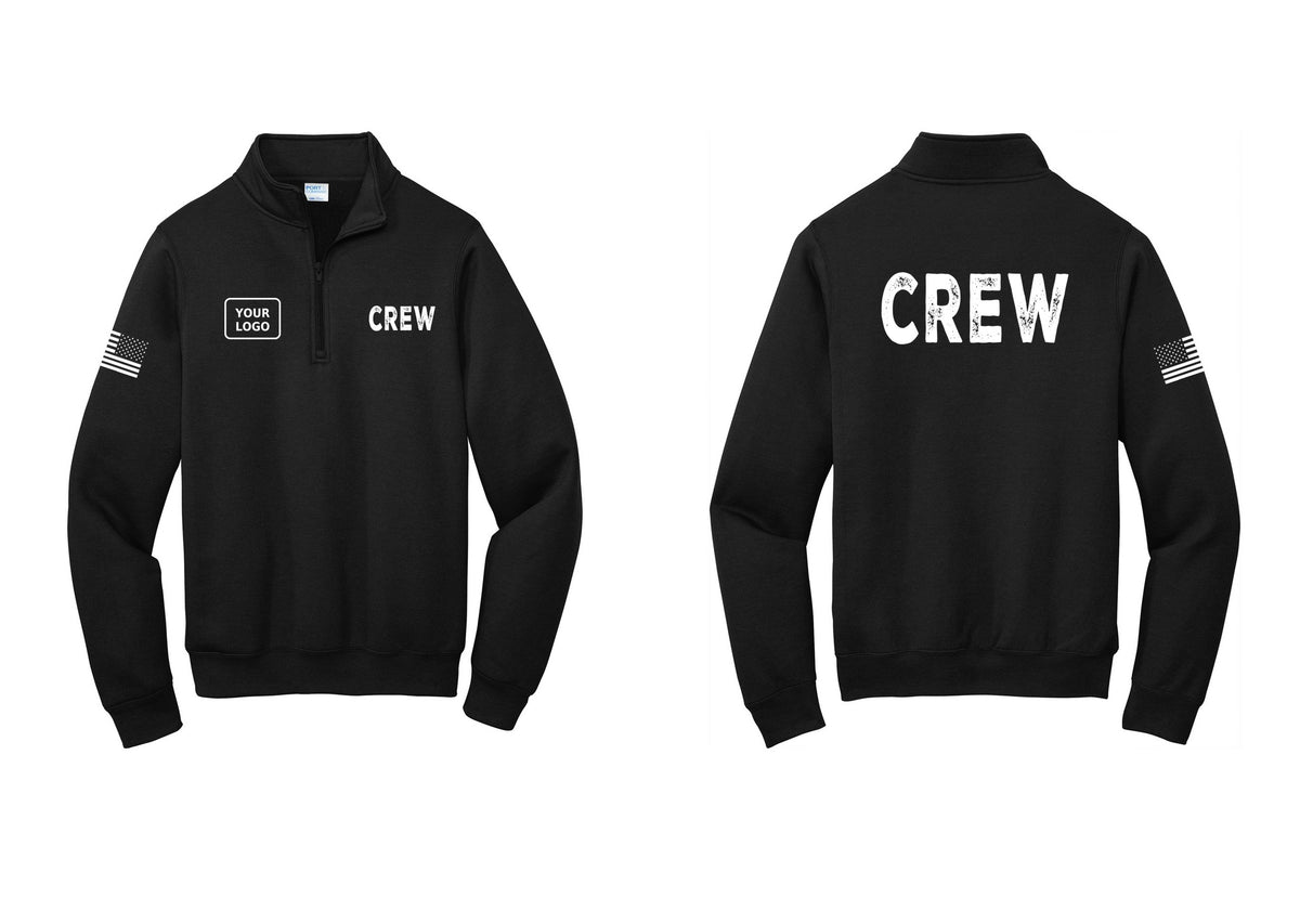 NYC Factory Custom Work Crew Uniform Cotton Fleece 1/4-Zip Pullover Sweatshirt with Your Logo (Rustic) - CREW + Your Logo + Back + US Flag Sleeve - Black