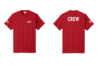 NYC Factory Crew T-Shirt, Rustic Lettering - Chest + Back + US Flag Sleeve - Red