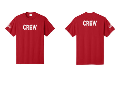 NYC Factory Crew T-Shirt, Rustic Lettering - Front + Back + US Flag Sleeve - Red