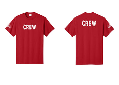 NYC Factory Crew T-Shirt for Event Staff & Production Teams (Rustic) - Front + Back + US Flag Sleeve - Red