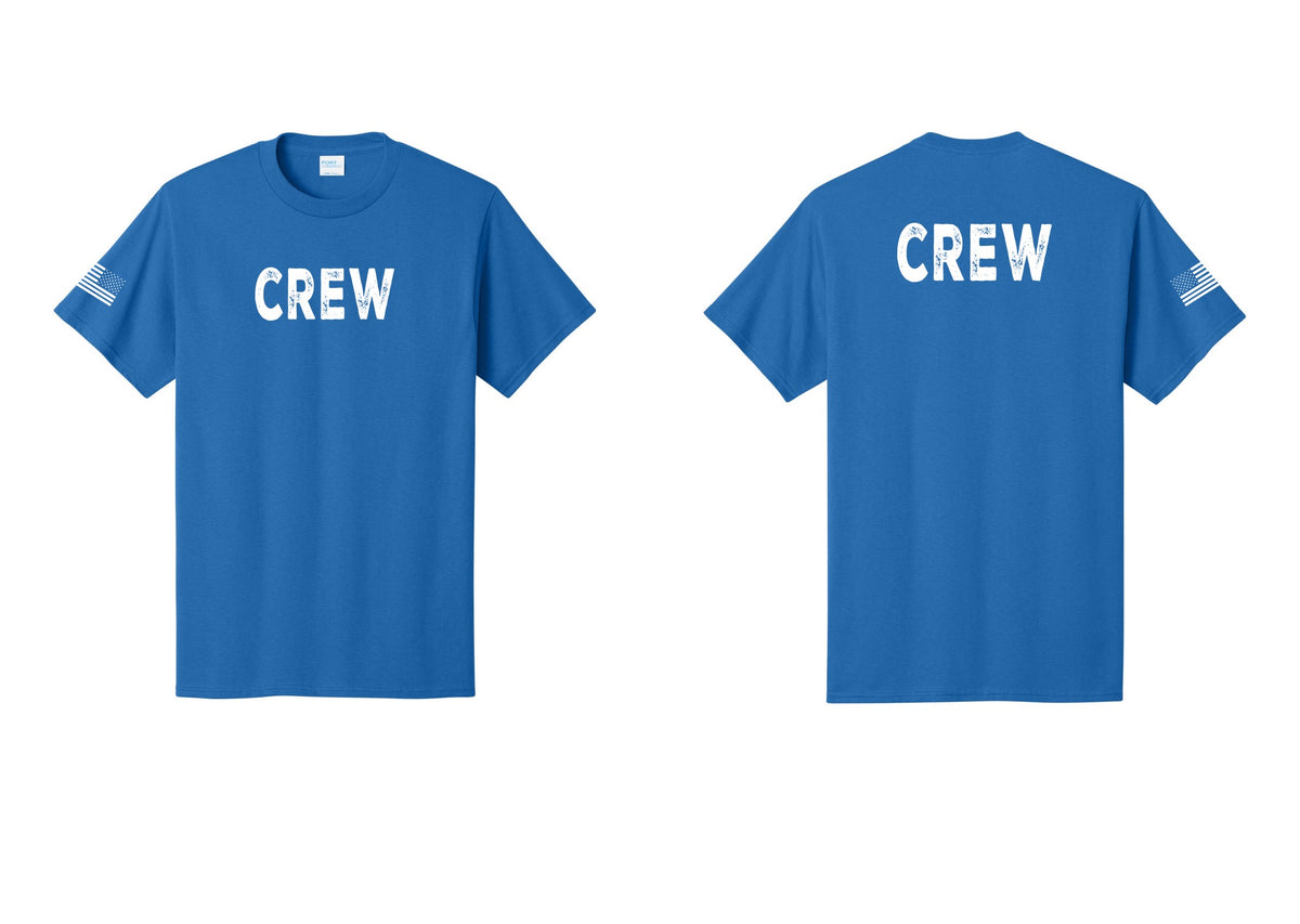 NYC Factory Crew T-Shirt for Event Staff & Production Teams (Rustic) - Front + Back + US Flag Sleeve - Royal
