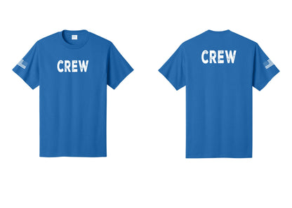 NYC Factory Crew T-Shirt for Event Staff & Production Teams (Rustic) - Front + Back + US Flag Sleeve - Royal