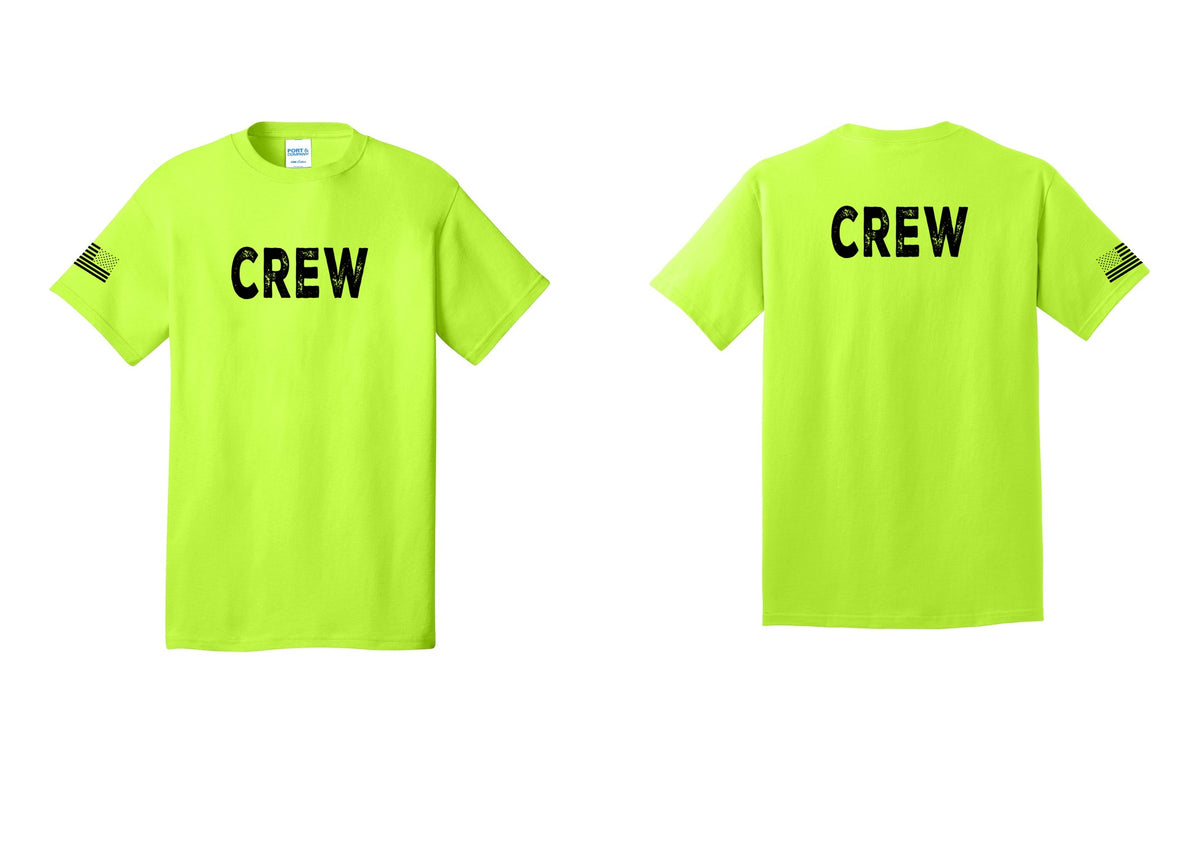 NYC Factory Crew T-Shirt, Rustic Lettering - Front + Back + US Flag Sleeve - Safety Green