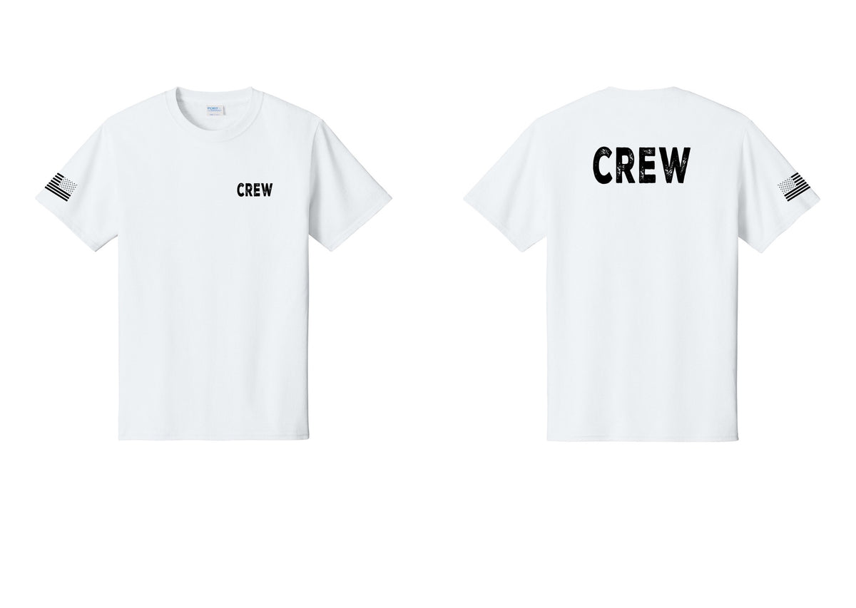 NYC Factory Crew T-Shirt, Rustic Lettering - Chest + Back + US Flag Sleeve - White