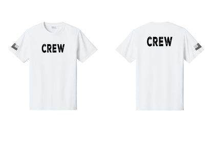 NYC Factory Crew T-Shirt for Event Staff & Production Teams (Rustic) - Front + Back + US Flag Sleeve - White