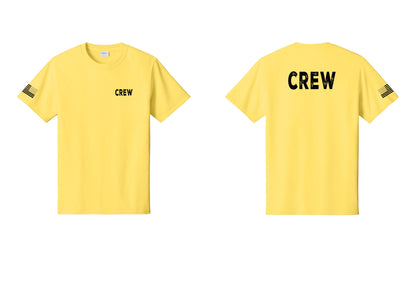 NYC Factory Crew T-Shirt, Rustic Lettering - Chest + Back + US Flag Sleeve - Yellow
