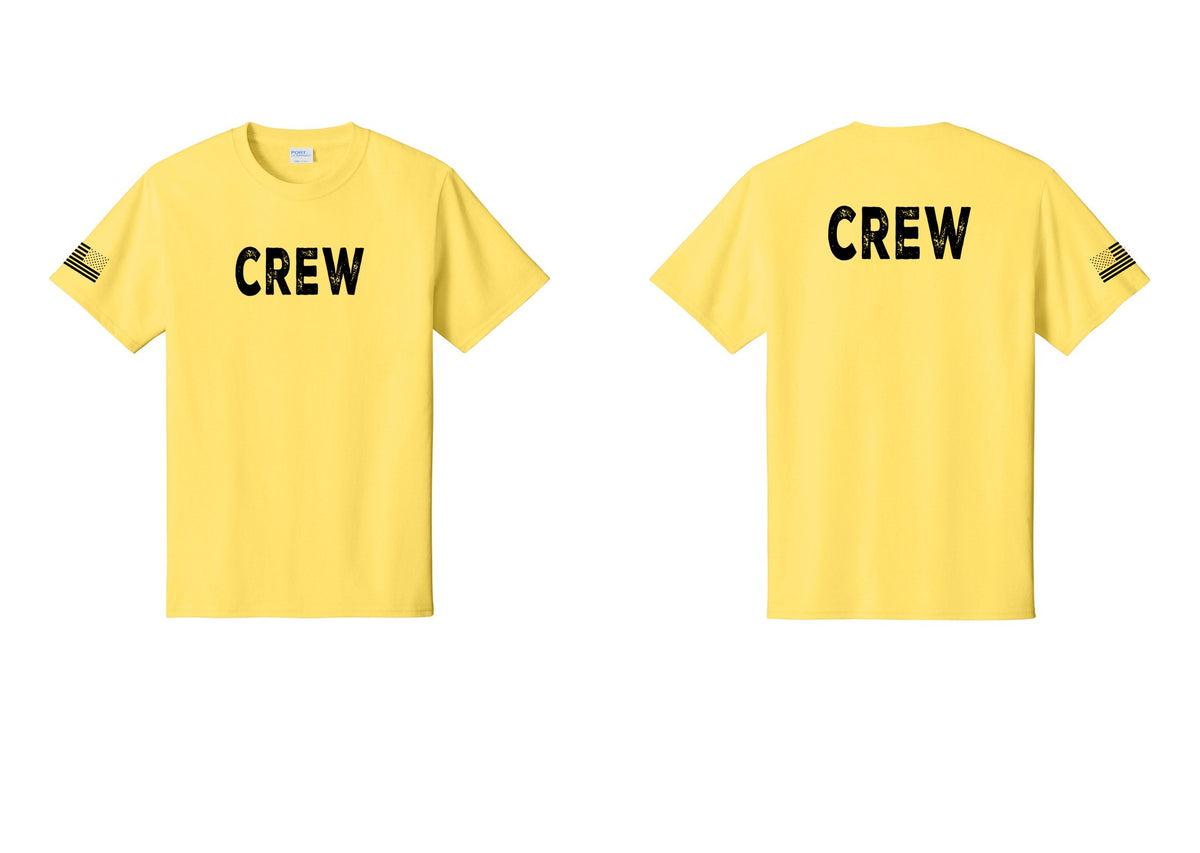 NYC Factory Crew T-Shirt for Event Staff & Production Teams (Rustic) - Front + Back + US Flag Sleeve - Yellow