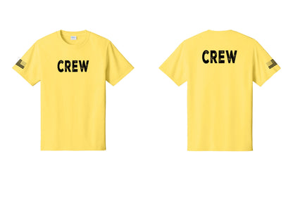 NYC Factory Crew T-Shirt for Event Staff & Production Teams (Rustic) - Front + Back + US Flag Sleeve - Yellow