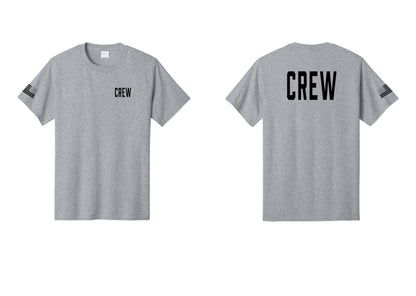 NYC Factory Crew T-Shirt for Event Staff & Production Teams (Classic) - Chest + Back + US Flag Sleeve - Athletic Heather