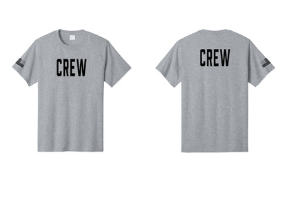 NYC Factory Crew T-Shirt, Condensed Lettering - Front + Back + US Flag Sleeve - Athletic Heather
