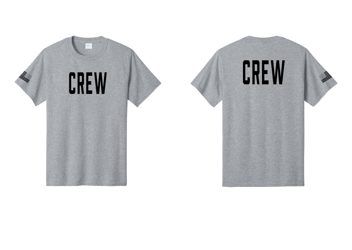 NYC Factory Crew T-Shirt for Event Staff & Production Teams (Classic) - Front + Back + US Flag Sleeve - Athletic Heather