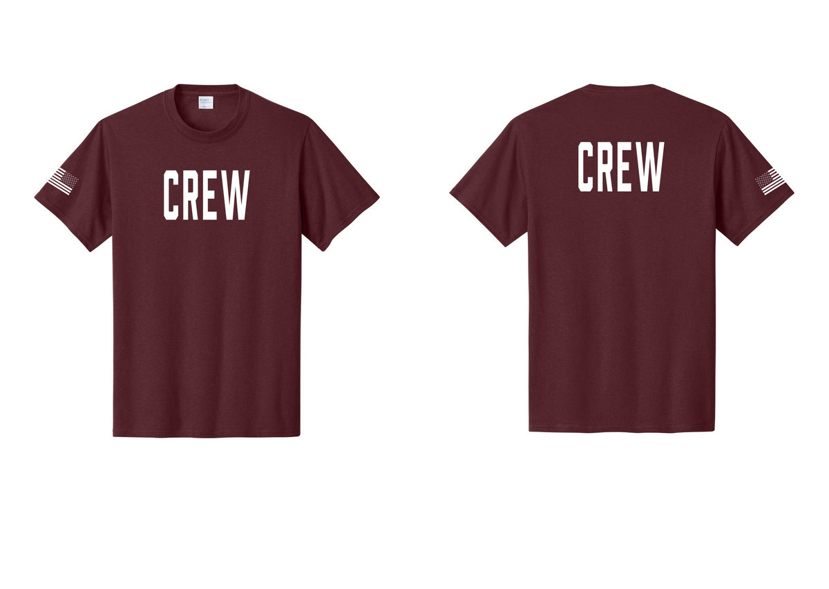 NYC Factory Crew T-Shirt, Condensed Lettering - Front + Back + US Flag Sleeve - Athletic Maroon