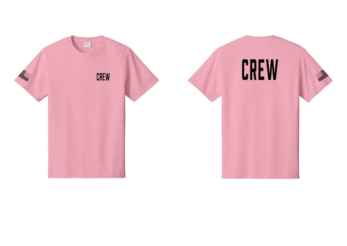 NYC Factory Crew T-Shirt, Condensed Lettering - Chest + Back + US Flag Sleeve - Candy Pink