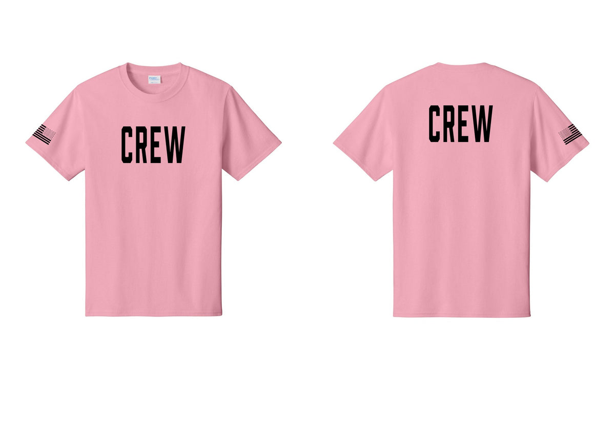 NYC Factory Crew T-Shirt, Condensed Lettering - Front + Back + US Flag Sleeve - Candy Pink