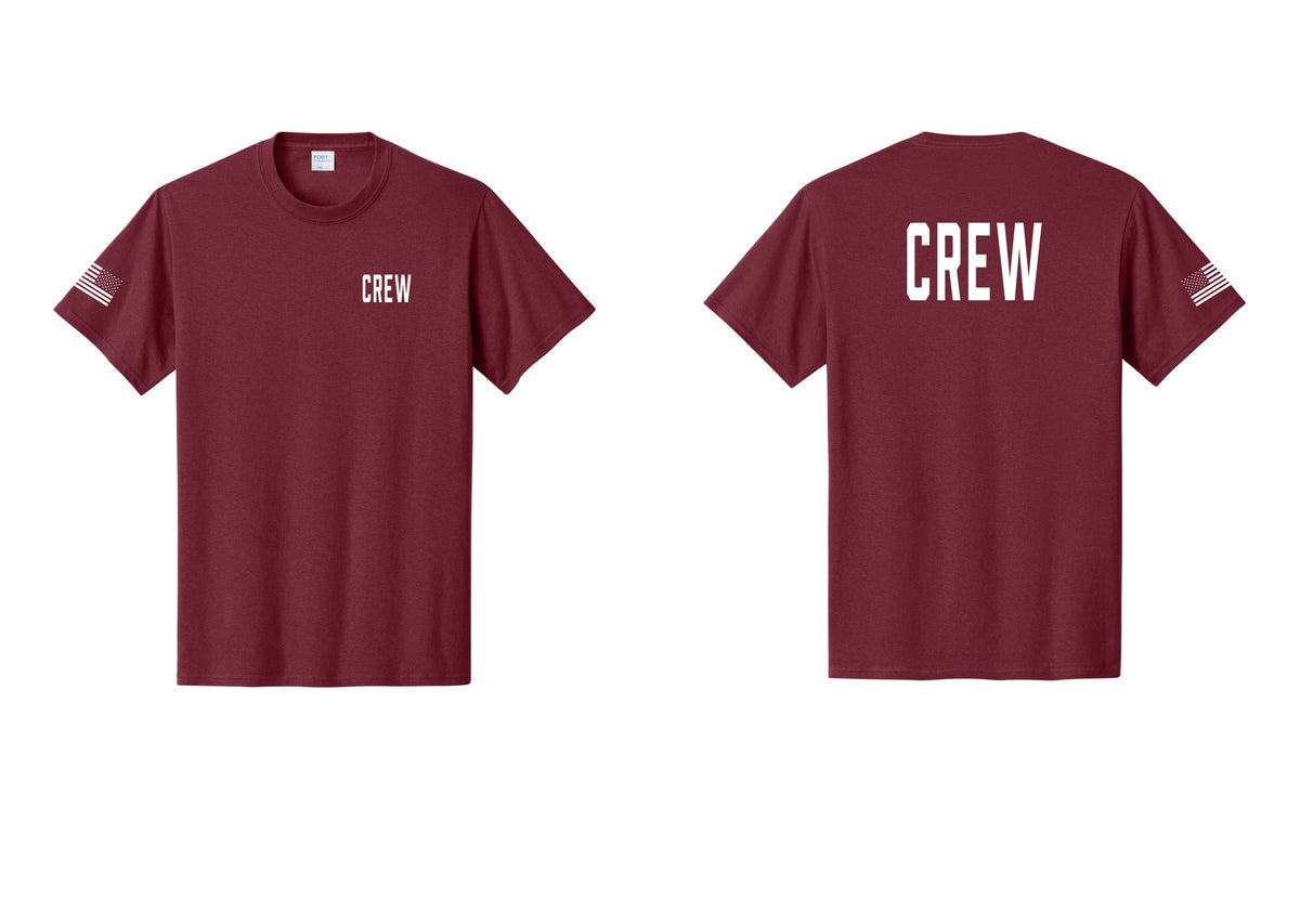 NYC Factory Crew T-Shirt, Condensed Lettering - Chest + Back + US Flag Sleeve - Cardinal