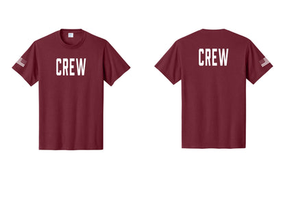 NYC Factory Crew T-Shirt, Condensed Lettering - Front + Back + US Flag Sleeve - Cardinal