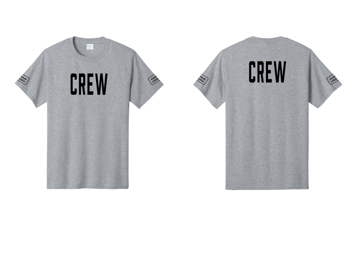 NYC Factory Custom Logo Crew T-Shirt, Condensed Lettering - Front + Back + Your Logo Sleeves - Athletic Heather