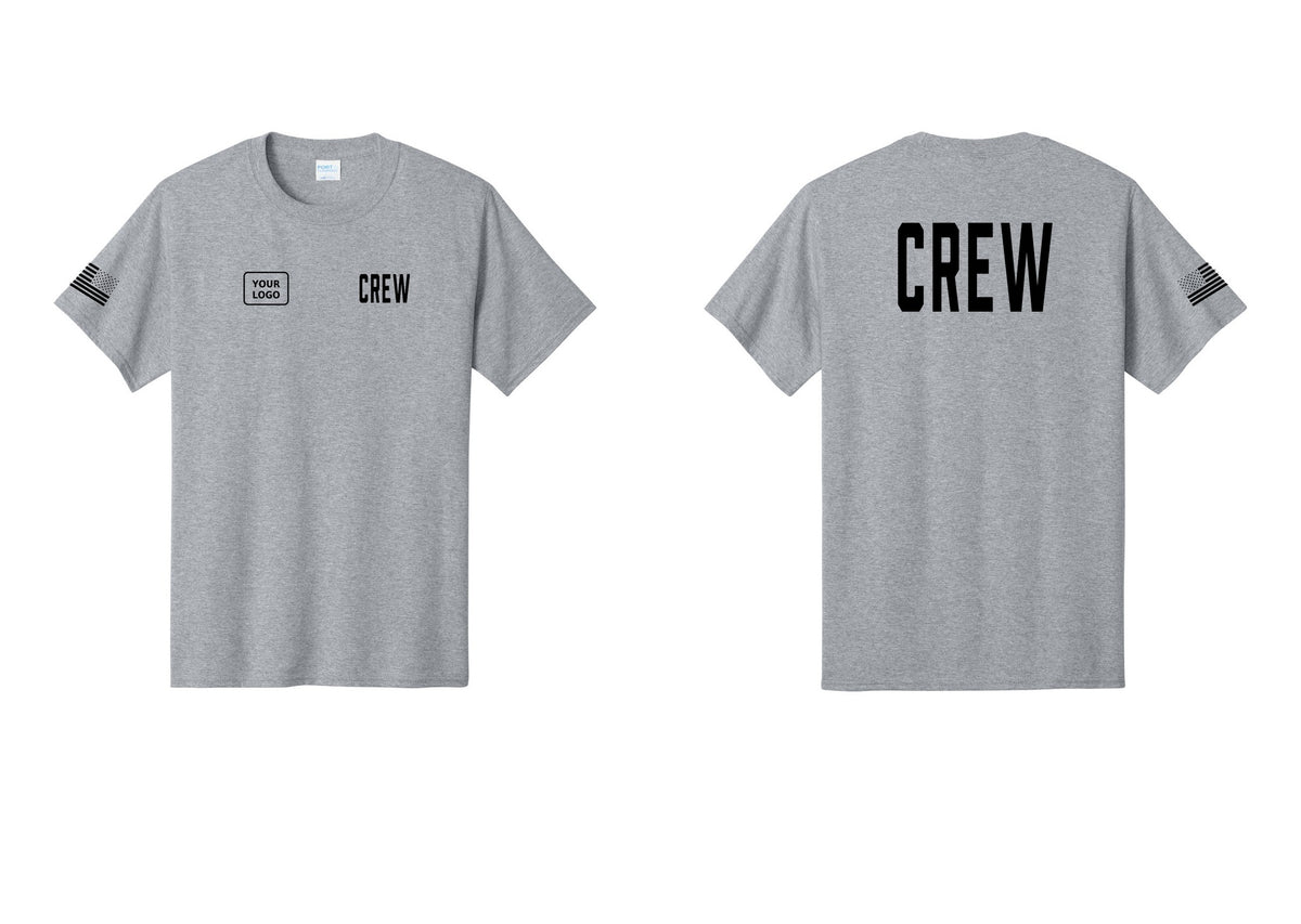 NYC Factory Custom Work Crew Uniform Tee with Your Logo (Classic) - CREW + Your Logo + Back + US Flag Sleeve - Athletic Heather