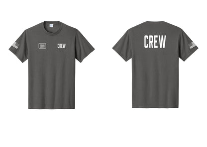 NYC Factory Custom Logo Crew T-Shirt, Condensed Lettering - CREW + Your Logo + Back + US Flag Sleeve - Charcoal