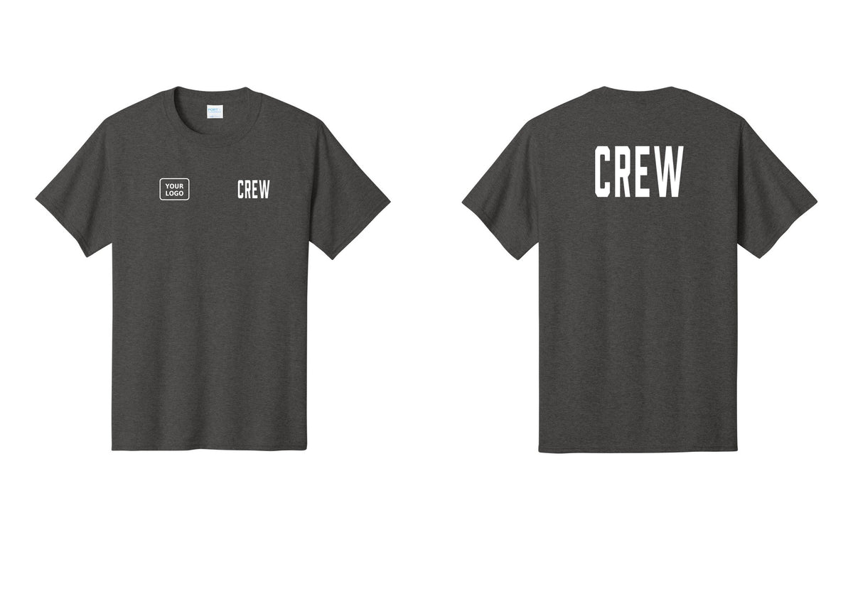 NYC Factory Custom Logo Crew T-Shirt, Condensed Lettering - CREW + Your Logo + Back - Dark Heather Grey