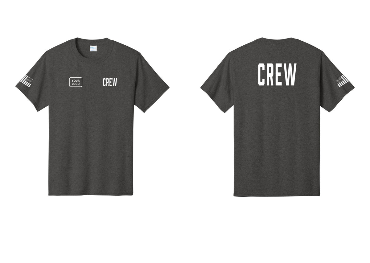 NYC Factory Custom Logo Crew T-Shirt, Condensed Lettering - CREW + Your Logo + Back + US Flag Sleeve - Dark Heather Grey
