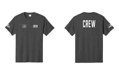 NYC Factory Custom Logo Crew T-Shirt, Condensed Lettering - CREW + Your Logo + Back + US Flag Sleeve - Dark Heather Grey