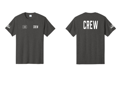 NYC Factory Custom Work Crew Uniform Tee with Your Logo (Classic) - CREW + Your Logo + Back + US Flag Sleeve - Dark Heather Grey