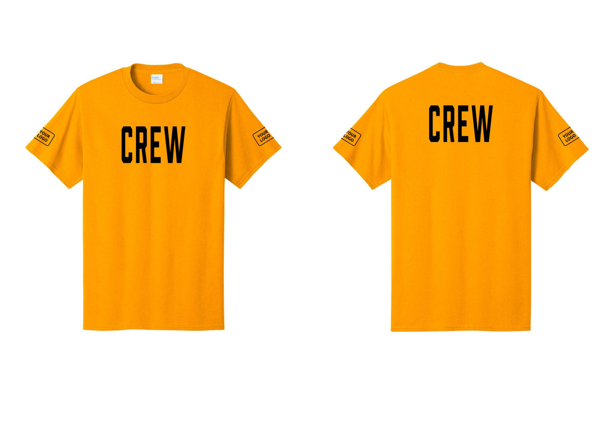 NYC Factory Custom Logo Crew T-Shirt, Condensed Lettering - Front + Back + Your Logo Sleeves - Gold