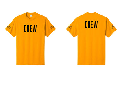 NYC Factory Custom Logo Crew T-Shirt, Condensed Lettering - Front + Back + Your Logo Sleeves - Gold