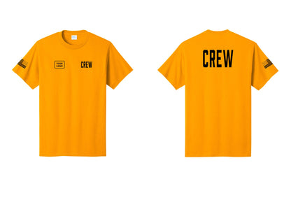NYC Factory Custom Logo Crew T-Shirt, Condensed Lettering - CREW + Your Logo + Back + US Flag Sleeve - Gold