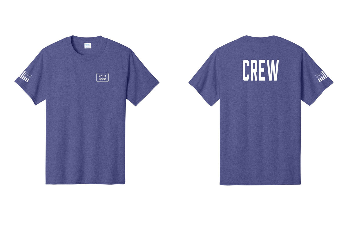 NYC Factory Custom Logo Crew T-Shirt, Condensed Lettering - Your Logo + Back + US Flag Sleeve - Heather Purple