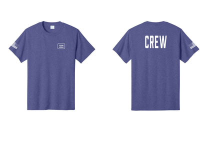 NYC Factory Custom Logo Crew T-Shirt, Condensed Lettering - Your Logo + Back + US Flag Sleeve - Heather Purple