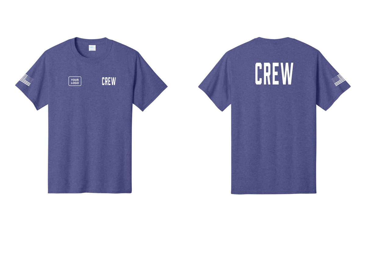 NYC Factory Custom Logo Crew T-Shirt, Condensed Lettering - CREW + Your Logo + Back + US Flag Sleeve - Heather Purple