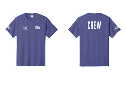 NYC Factory Custom Logo Crew T-Shirt, Condensed Lettering - CREW + Your Logo + Back + US Flag Sleeve - Heather Purple