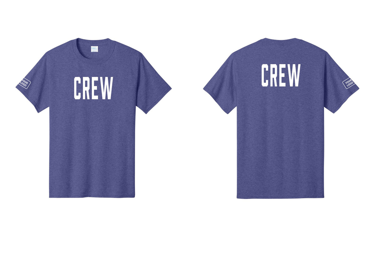 NYC Factory Custom Logo Crew T-Shirt, Condensed Lettering - Front + Back + Your Logo Sleeve - Heather Purple
