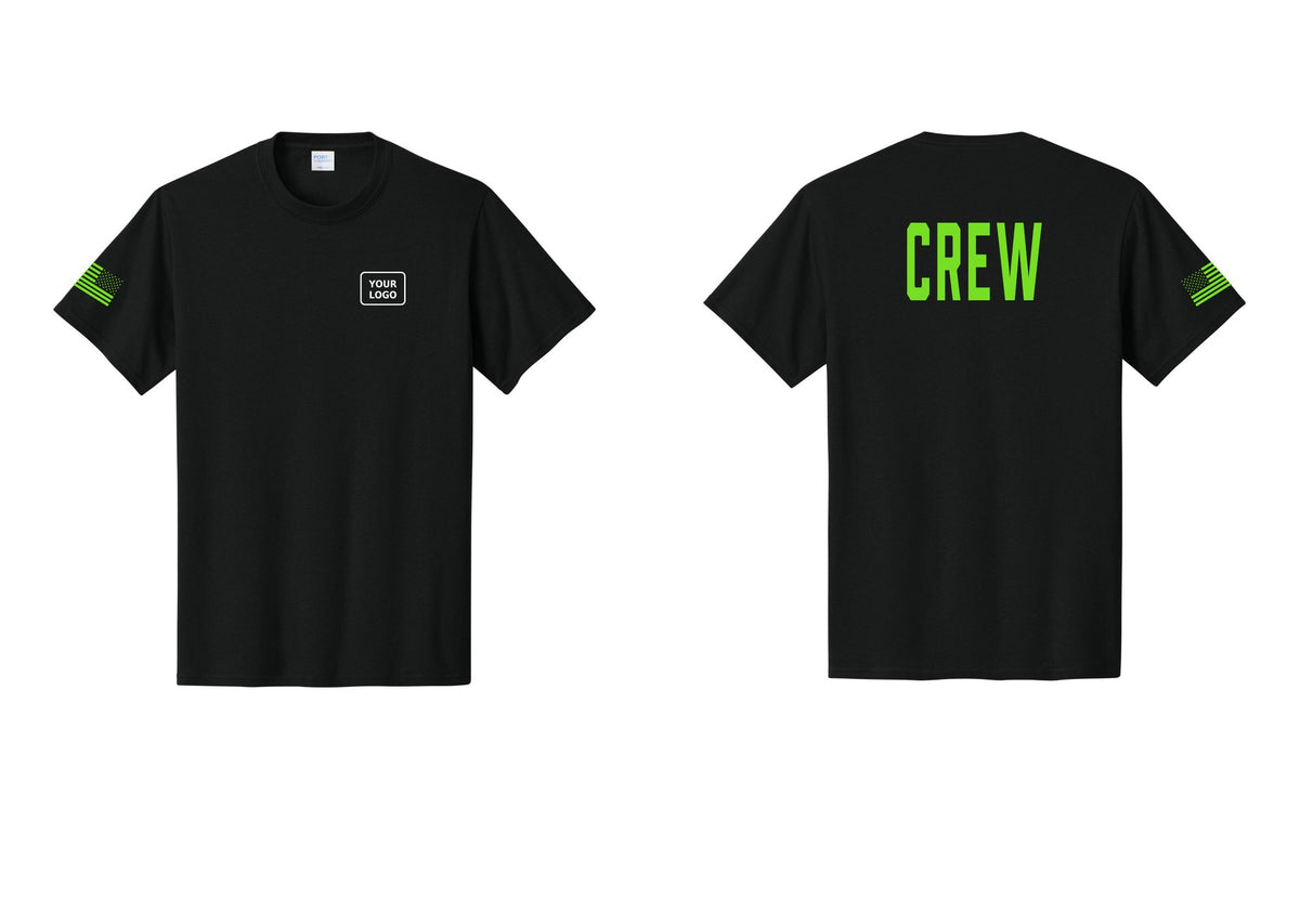 NYC Factory Custom Logo Crew T-Shirt, Condensed Lettering - Your Logo + Back + US Flag Sleeve - Black / Neon