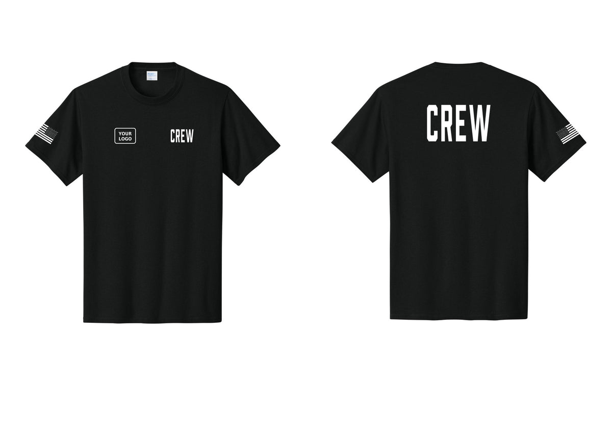 NYC Factory Custom Logo Crew T-Shirt, Condensed Lettering - CREW + Your Logo + Back + US Flag Sleeve - Black