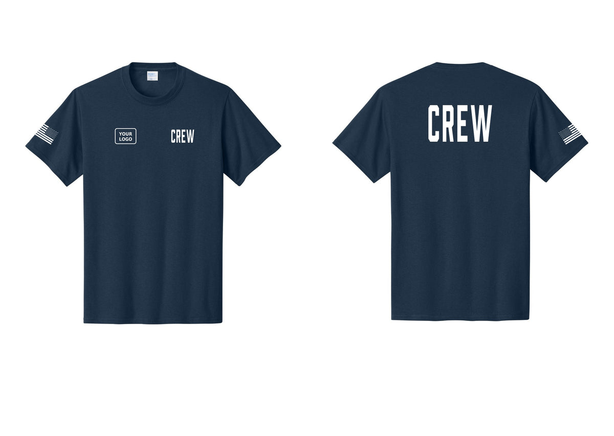 NYC Factory Custom Logo Crew T-Shirt, Condensed Lettering - CREW + Your Logo + Back + US Flag Sleeve - Navy