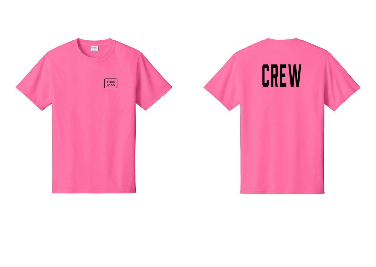 NYC Factory Custom Logo Crew T-Shirt, Condensed Lettering - Your Logo + Back - Neon Pink
