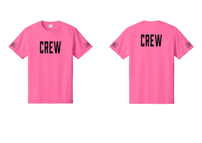 NYC Factory Custom Logo Crew T-Shirt, Condensed Lettering - Front + Back + Your Logo Sleeves - Neon Pink