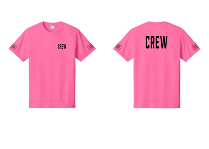 NYC Factory Custom Logo Crew T-Shirt, Condensed Lettering - Chest + Back + Your Logo Sleeves - Neon Pink