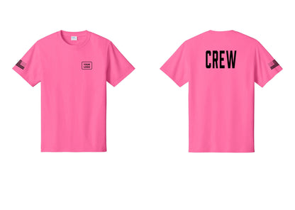 NYC Factory Custom Logo Crew T-Shirt, Condensed Lettering - Your Logo + Back + US Flag Sleeve - Neon Pink