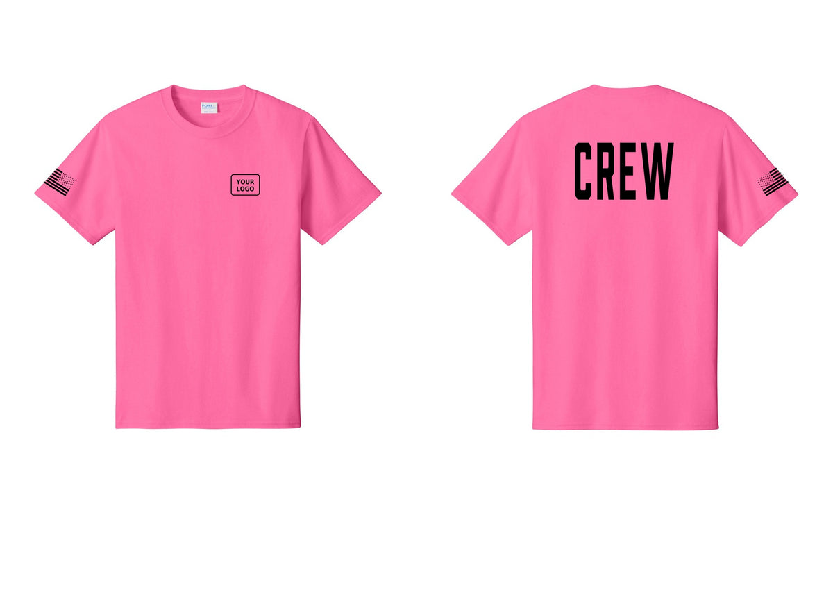 NYC Factory Custom Work Crew Uniform Tee with Your Logo (Classic) - Your Logo + Back + US Flag Sleeve - Neon Pink