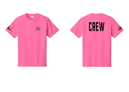 NYC Factory Custom Work Crew Uniform Tee with Your Logo (Classic) - Your Logo + Back + US Flag Sleeve - Neon Pink